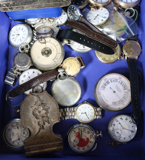 A box of assorted pocket and wrist watches.